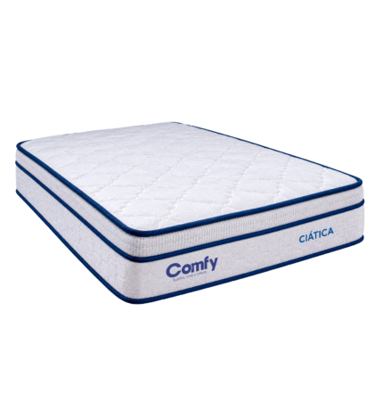 Colchón Comfy Ciática visto en ángulo, con pillow top y ribete azul